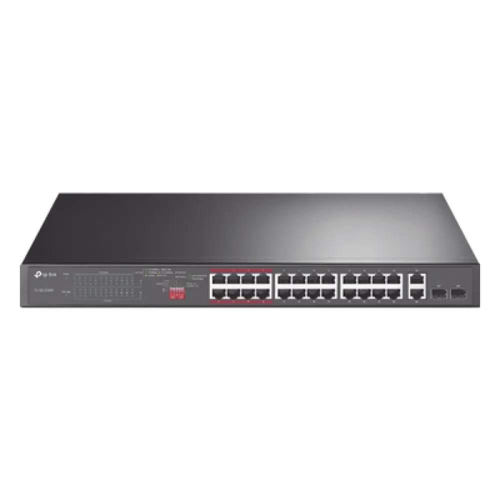 Switch PoE+ / 24 Puertos 10/100 Mbps / 2 Puertos Gigabit Combo / 2 Puertos SFP / Alcance PoE 250 m (820.2 ft) / Presupuesto PoE 250 W