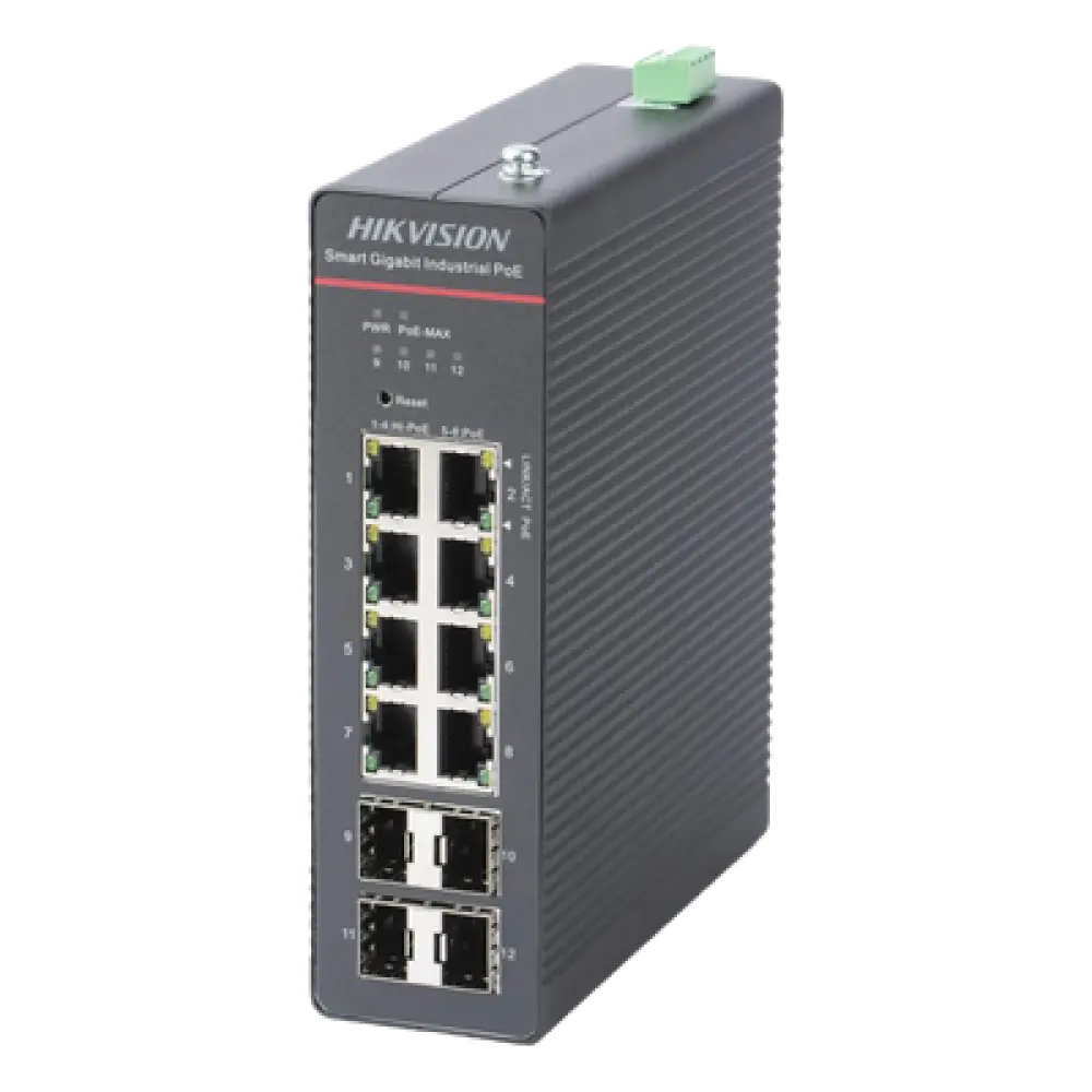 Switch Industrial Administrable PoE+ / 8 Puertos Gigabit PoE+ (4x90W + 4x30W) / 4 Puertos SFP / 300W Total / 300 m Alcance / -40°C a 75°C / 984 pies de Distancia