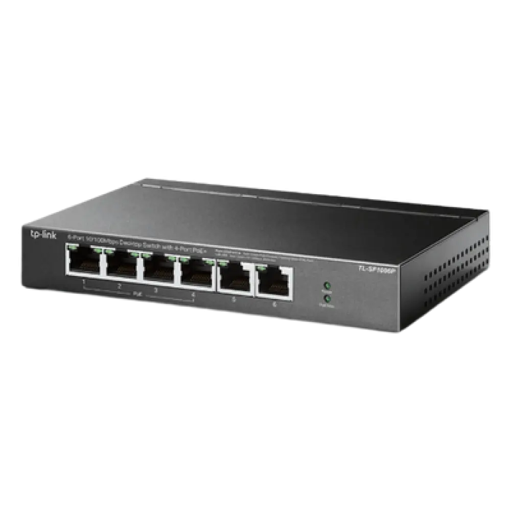 Switch PoE no administrable / 6 puertos 10/100 Mbps / 4 puertos PoE 802.3af/at / Presupuesto 67 W / Extensor hasta 250 m (820 ft) / Prioridad video