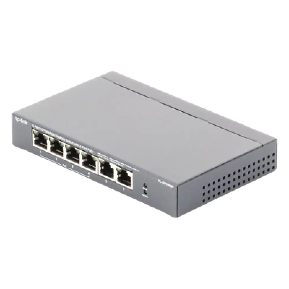 Switch PoE no administrable / 6 puertos 10/100 Mbps / 4 puertos PoE 802.3af/at / Presupuesto 67 W / Extensor hasta 250 m (820 ft) / Prioridad video