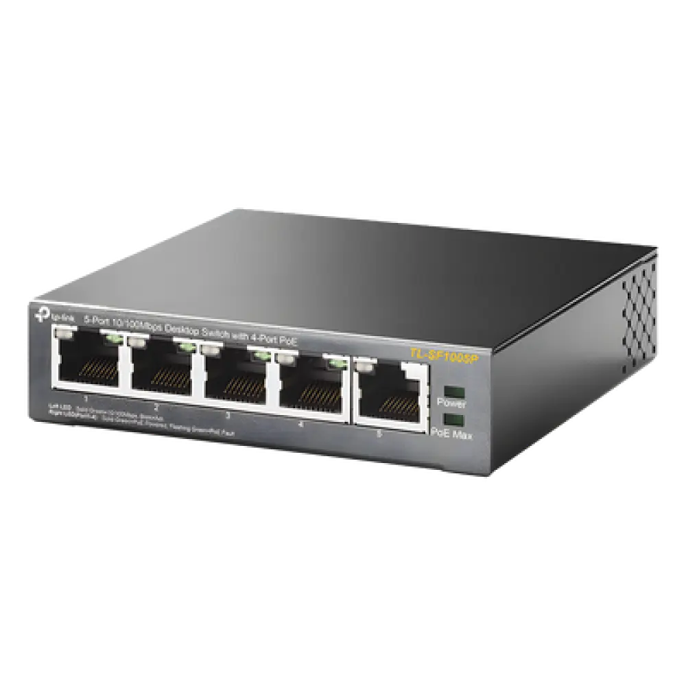 Switch PoE no administrable / 5 puertos Fast Ethernet / 4 puertos PoE 802.3af/at / Presupuesto 67 W / Alcance 250 m (820 pies) / Prioridad de video