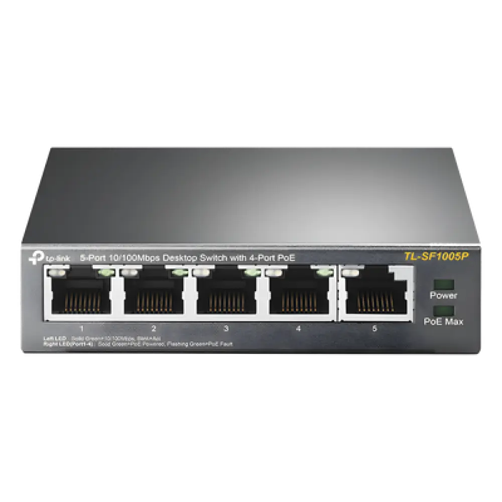 Switch PoE no administrable / 5 puertos Fast Ethernet / 4 puertos PoE 802.3af/at / Presupuesto 67 W / Alcance 250 m (820 pies) / Prioridad de video
