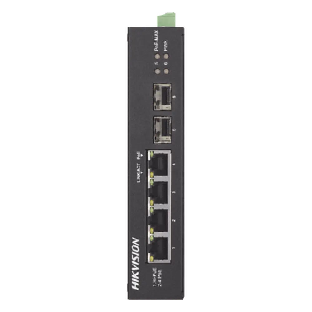 Switch Industrial No Administrable / 3 Puertos Gigabit PoE+ (30 W) + 1 Puerto Gigabit PoE++ (60 W) / 2 Puertos SFP / 65 W Total / Alcance Extendido 300 m (984.3 ft) / -30 °C a 65 °C