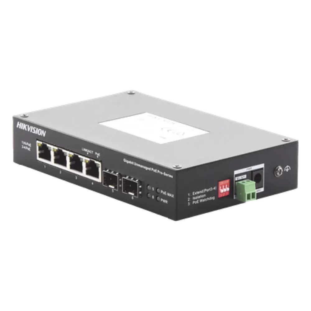 Switch Industrial No Administrable / 3 Puertos Gigabit PoE+ (30 W) + 1 Puerto Gigabit PoE++ (60 W) / 2 Puertos SFP / 65 W Total / Alcance Extendido 300 m (984.3 ft) / -30 °C a 65 °C
