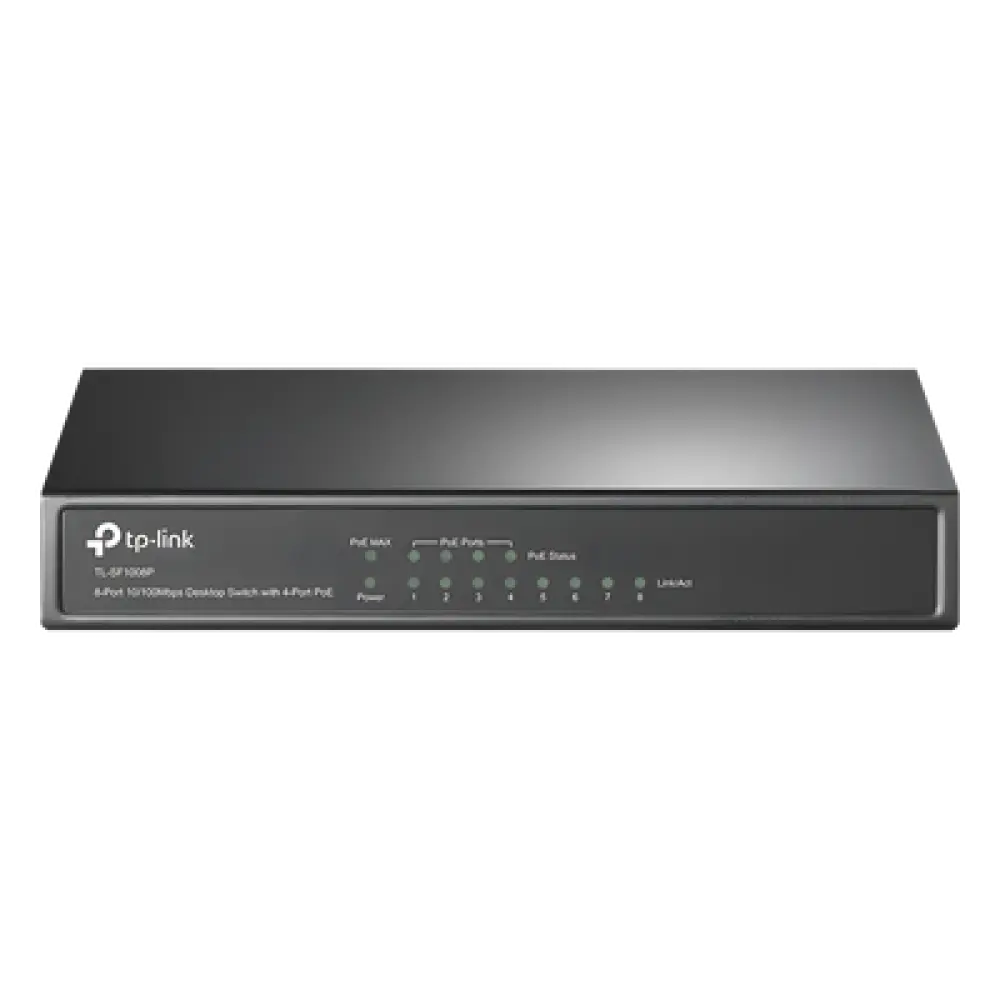 Switch PoE+ No Administrable / 8 Puertos 10/100 Mbps / 4 Puertos PoE 802.3af/at / 66W / Alcance Extendido 250 m (820 pies) / Sin Ventilador