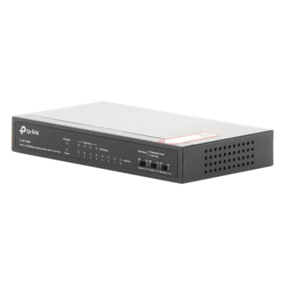 Switch PoE+ No Administrable / 8 Puertos 10/100 Mbps / 4 Puertos PoE 802.3af/at / 66W / Alcance Extendido 250 m (820 pies) / Sin Ventilador
