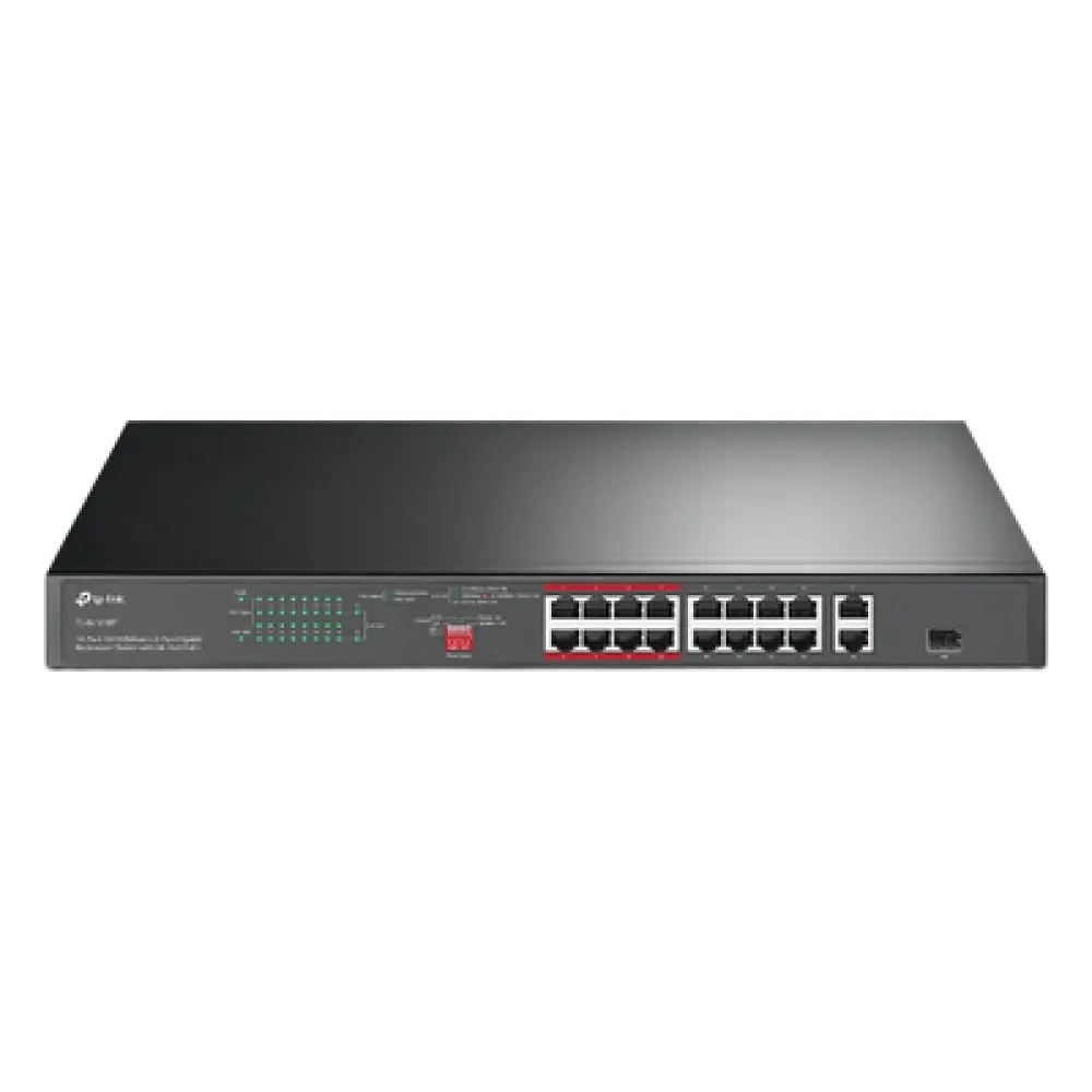 Switch PoE+ No Administrable / 16 Puertos 10/100 Mbps / 2 Puertos Gigabit RJ45 / 1 Puerto SFP / PoE Extendido 250 m (820.2 ft) / 150 W / Aislamiento de Tráfico