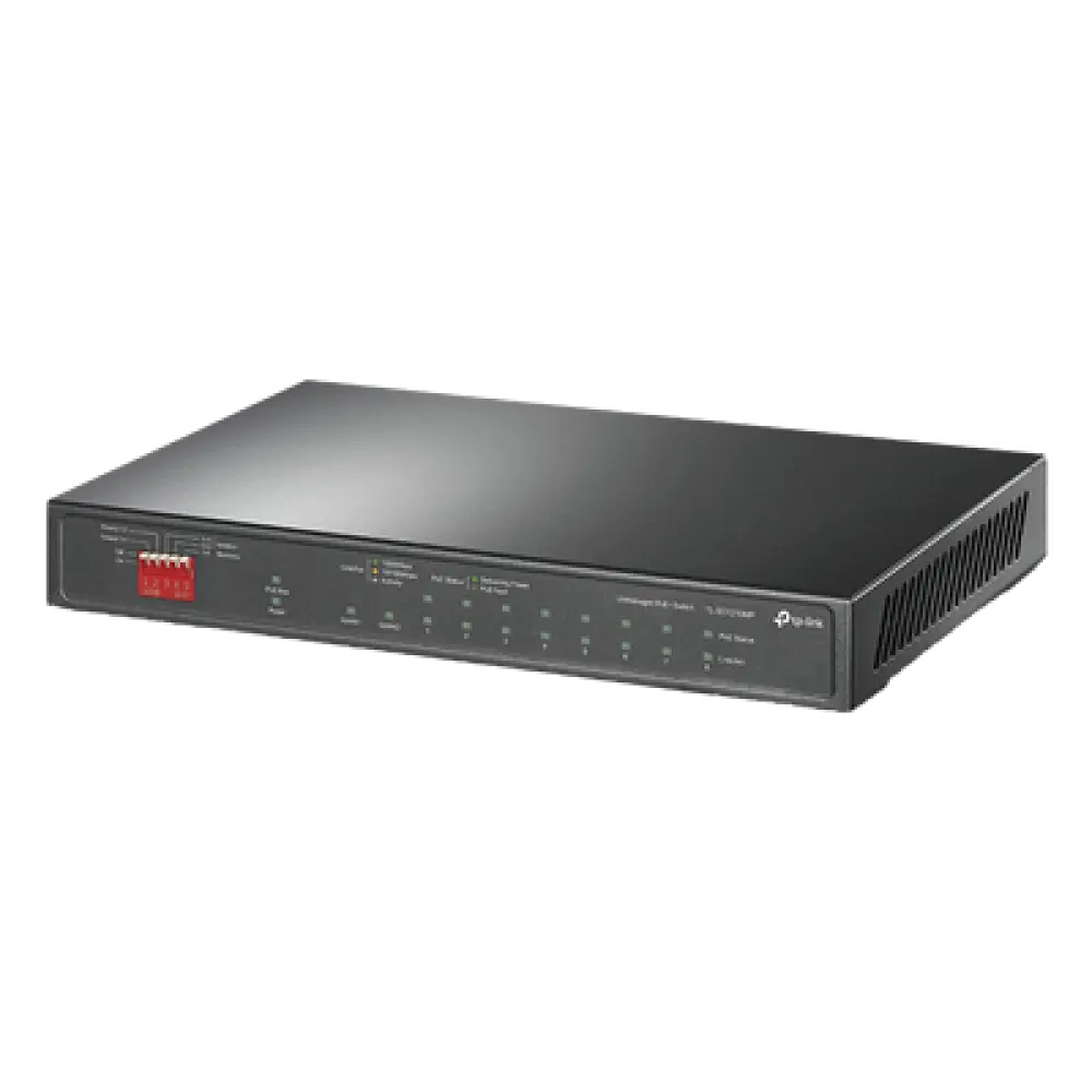 Switch PoE+ No Administrable de Escritorio / 10 Puertos / 8 Puertos PoE+ 802.3af/at / Presupuesto 123 W / Alcance Extendido 250 m (820 pies) / Rendimiento 20 Gbps