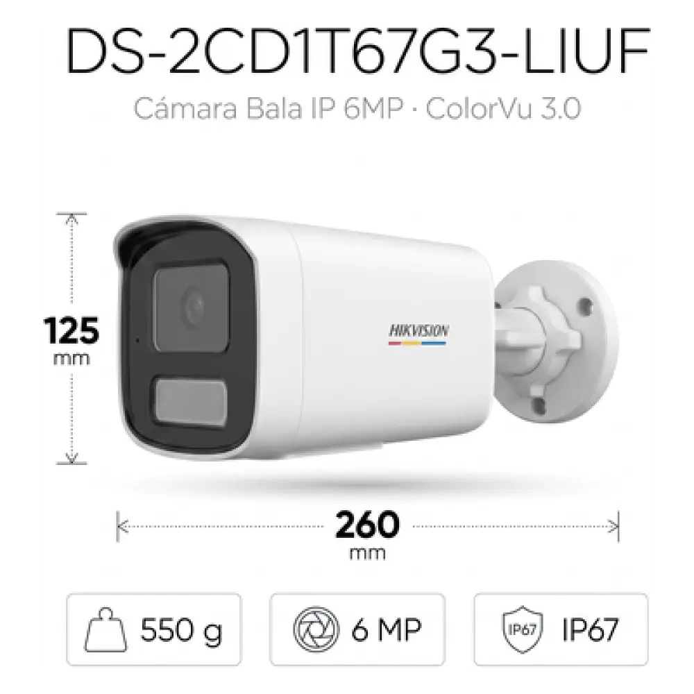 Cámara Bala IP / 6 Megapixel / Dual Light 50 m (164 ft) / ColorVu 3.0 / WDR 120 dB / IP67 / PoE