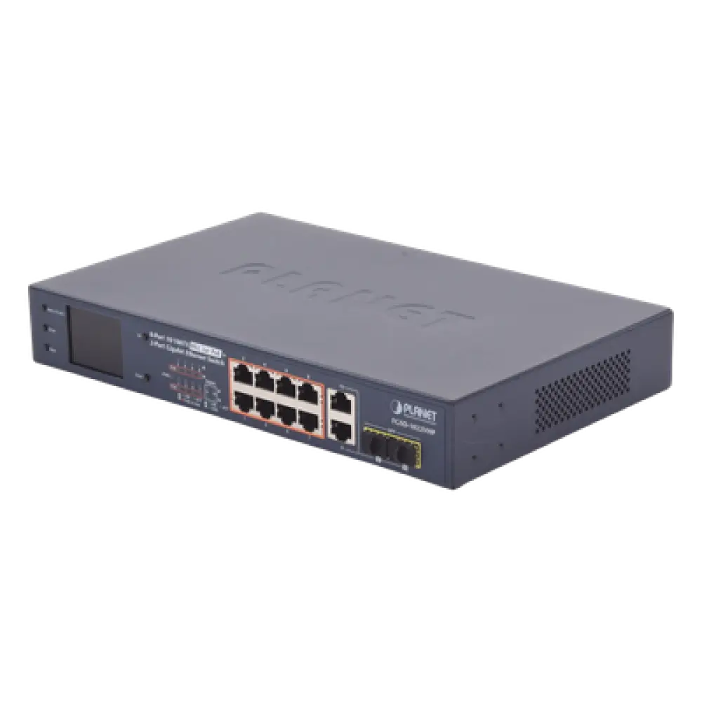 Switch PoE+ / 8 Puertos 10/100Mbps / 2 Puertos Gigabit Combo TP/SFP / Alcance 250m (820 pies) / Pantalla LCD / 120W