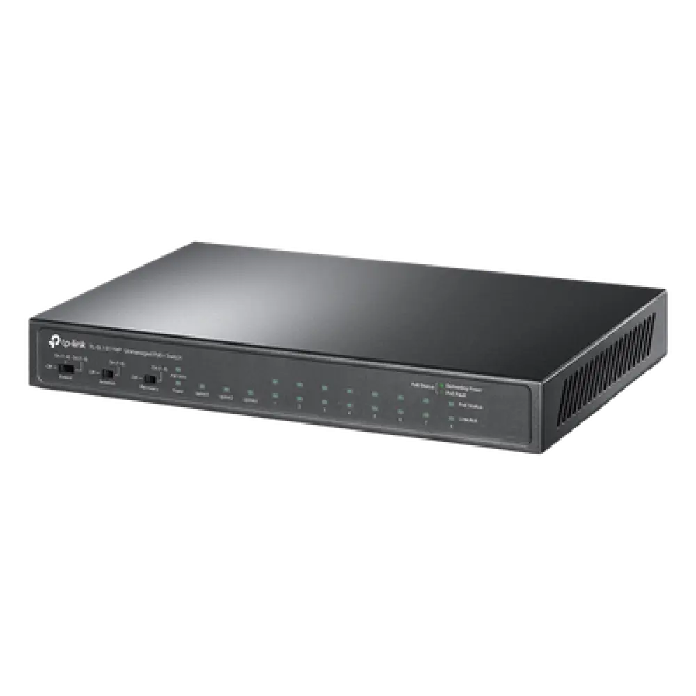Switch PoE+ No Administrable de Escritorio / 11 Puertos / 8x PoE+ 10/100 Mbps / 2x Gigabit / 1x SFP / Presupuesto 124 W / Alcance Extendido 250 m / 0.56 x 0.32 x 0.09 ft