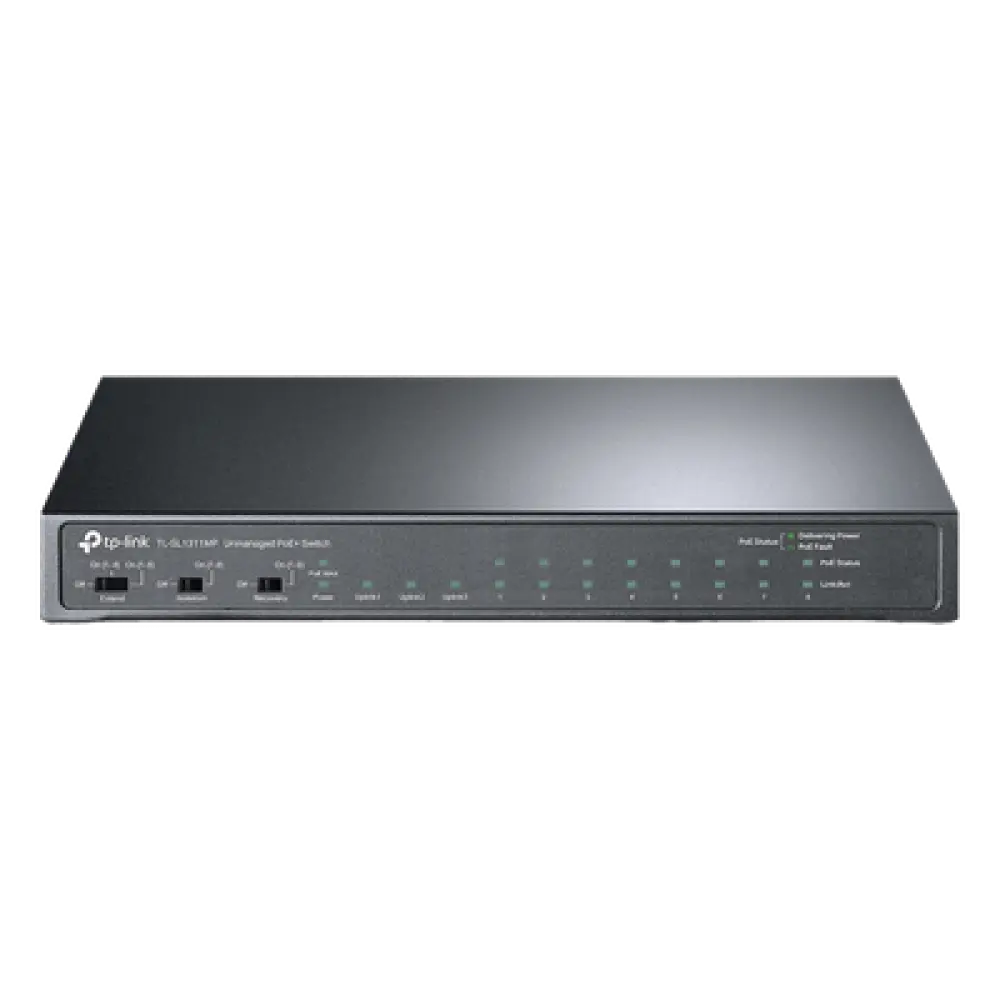 Switch PoE+ No Administrable de Escritorio / 11 Puertos / 8x PoE+ 10/100 Mbps / 2x Gigabit / 1x SFP / Presupuesto 124 W / Alcance Extendido 250 m / 0.56 x 0.32 x 0.09 ft