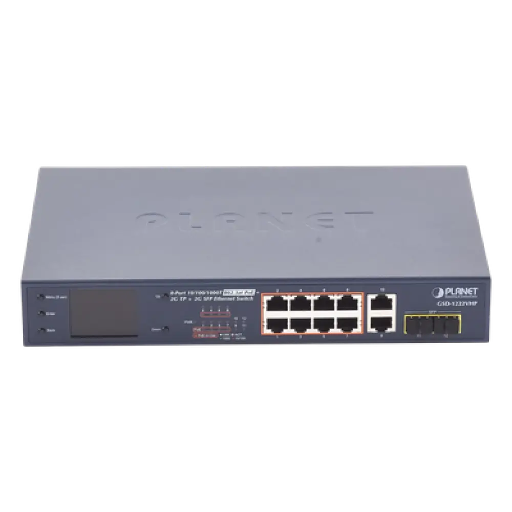 Switch PoE No Administrable / 8 Puertos Gigabit RJ45 / 2 Uplink Gigabit / 2 SFP / PoE 802.3af/at 32W / Presupuesto 120W / Extender 250 m (820 ft) / Pantalla LCD