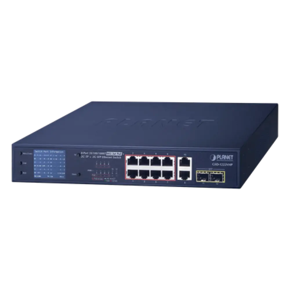 Switch PoE No Administrable / 8 Puertos Gigabit RJ45 / 2 Uplink Gigabit / 2 SFP / PoE 802.3af/at 32W / Presupuesto 120W / Extender 250 m (820 ft) / Pantalla LCD