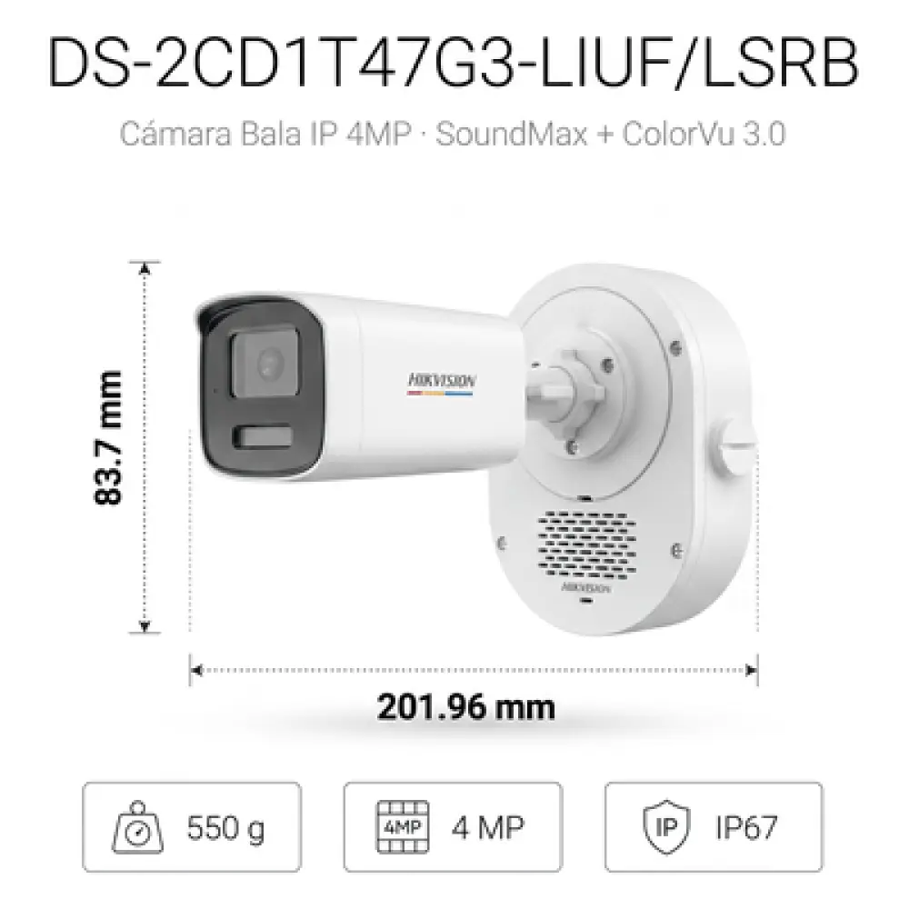 Cámara Bala IP / 4 Megapixel / ColorVu 3.0 / Dual Light 50 m (164 ft) / Audio Bidireccional SoundMax / Luz Estroboscópica Rojo-Azul / AcuSense Lite / IP67 / WDR 120 dB / PoE