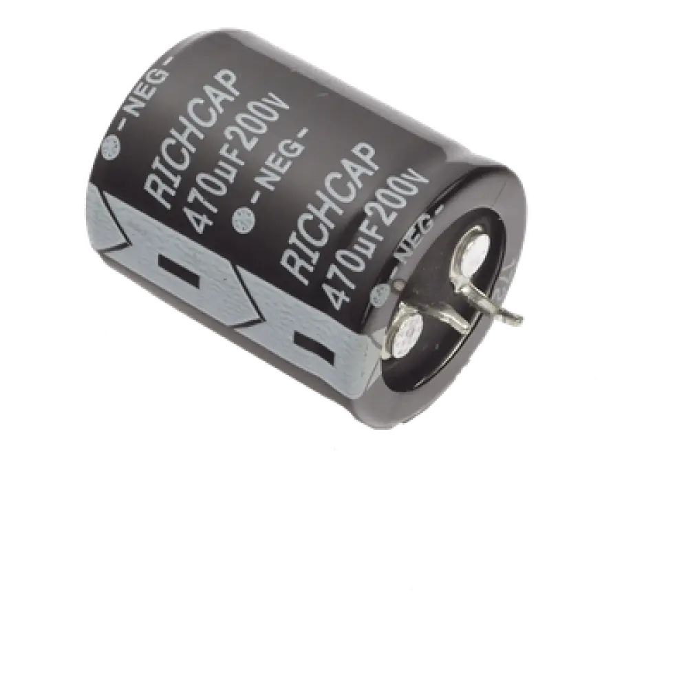 Capacitor de Aluminio / 470μF / 200V / ±20% / 1.45A RMS / 25mm Ø / 1000h @ 105°C