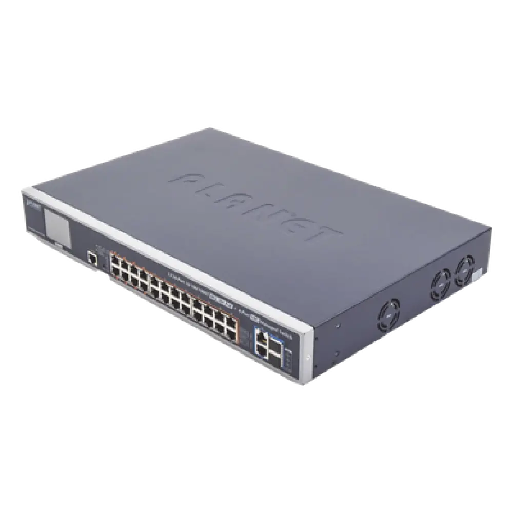 Switch Administrable L3 / 24 Puertos Gigabit PoE 802.3bt / 2 Puertos 10G SFP+ / Pantalla Táctil LCD / Fuente Redundante / 600W