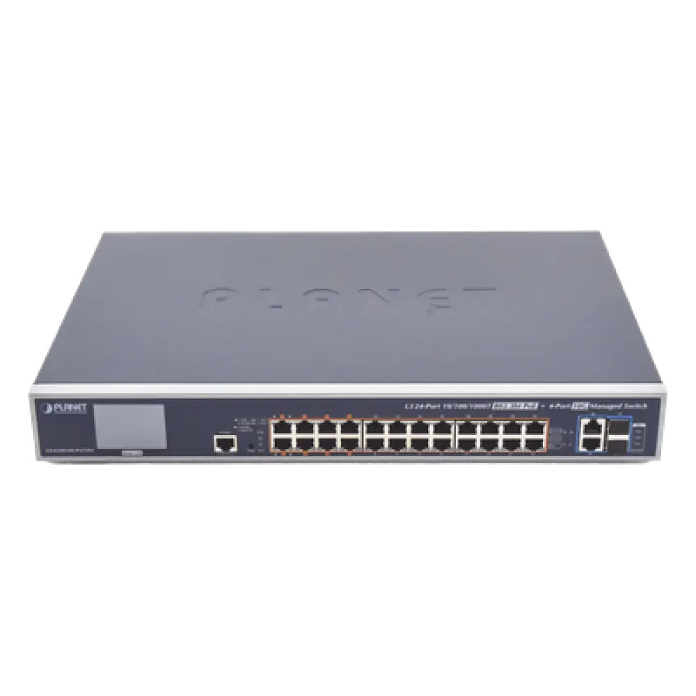 Switch Administrable L3 / 24 Puertos Gigabit PoE 802.3bt / 2 Puertos 10G SFP+ / Pantalla Táctil LCD / Fuente Redundante / 600W