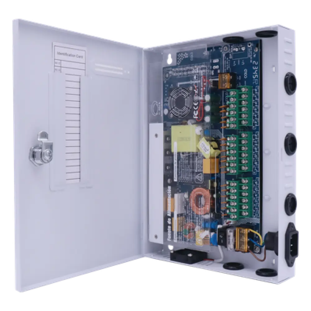 Fuente de Poder CCTV / 18 Canales / 20 A / 200 W / Voltaje Ajustable 11-15 VCC / Filtro de Ruido por Canal / Operación -20°C a 70°C