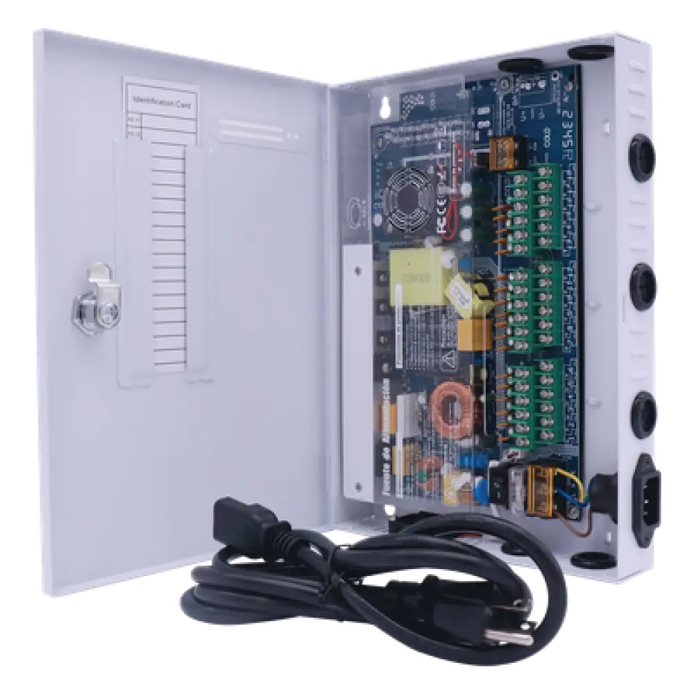 Fuente de Poder CCTV / 18 Canales / 20 A / 200 W / Voltaje Ajustable 11-15 VCC / Filtro de Ruido por Canal / Operación -20°C a 70°C