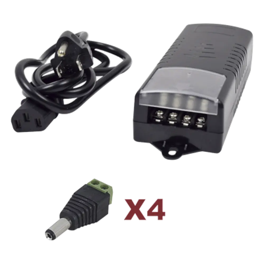 Kit de fuente de poder / Entrada 110-220 VCA / Salida 12 VCC 5A / 4 salidas / Conectores JR52 / 6A PTC / 117x62x34.2 mm / 0.38x0.20x0.11 ft