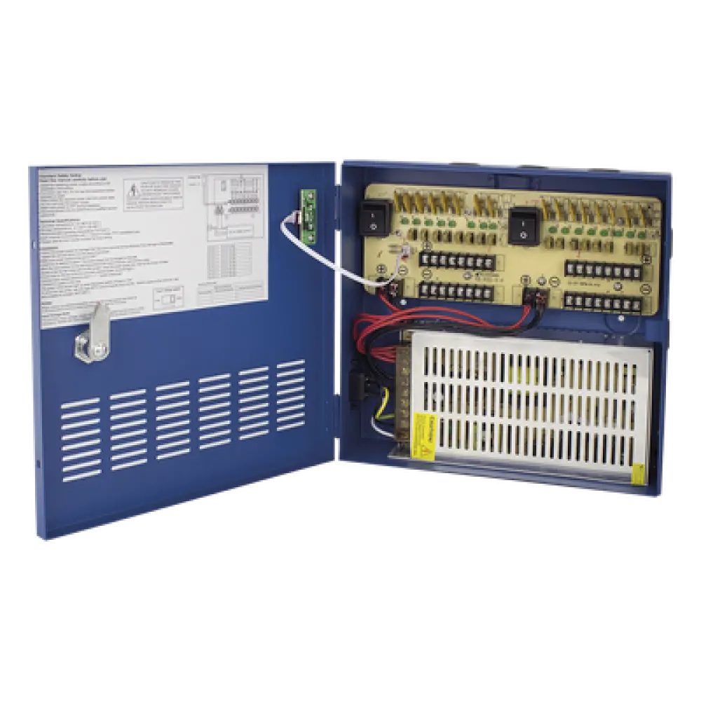 Fuente de poder profesional HEAVY DUTY de 11 - 15 Vcc @ 20 Amper, para 16 cámaras, con voltaje de entrada de: 110-220 Vca