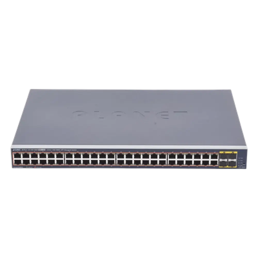 Switch Administrable PoE / 48 Puertos Gigabit RJ45 / 4 Puertos SFP / 440W PoE / 104 Gbps / 1.44 ft (0.44 m) Profundidad
