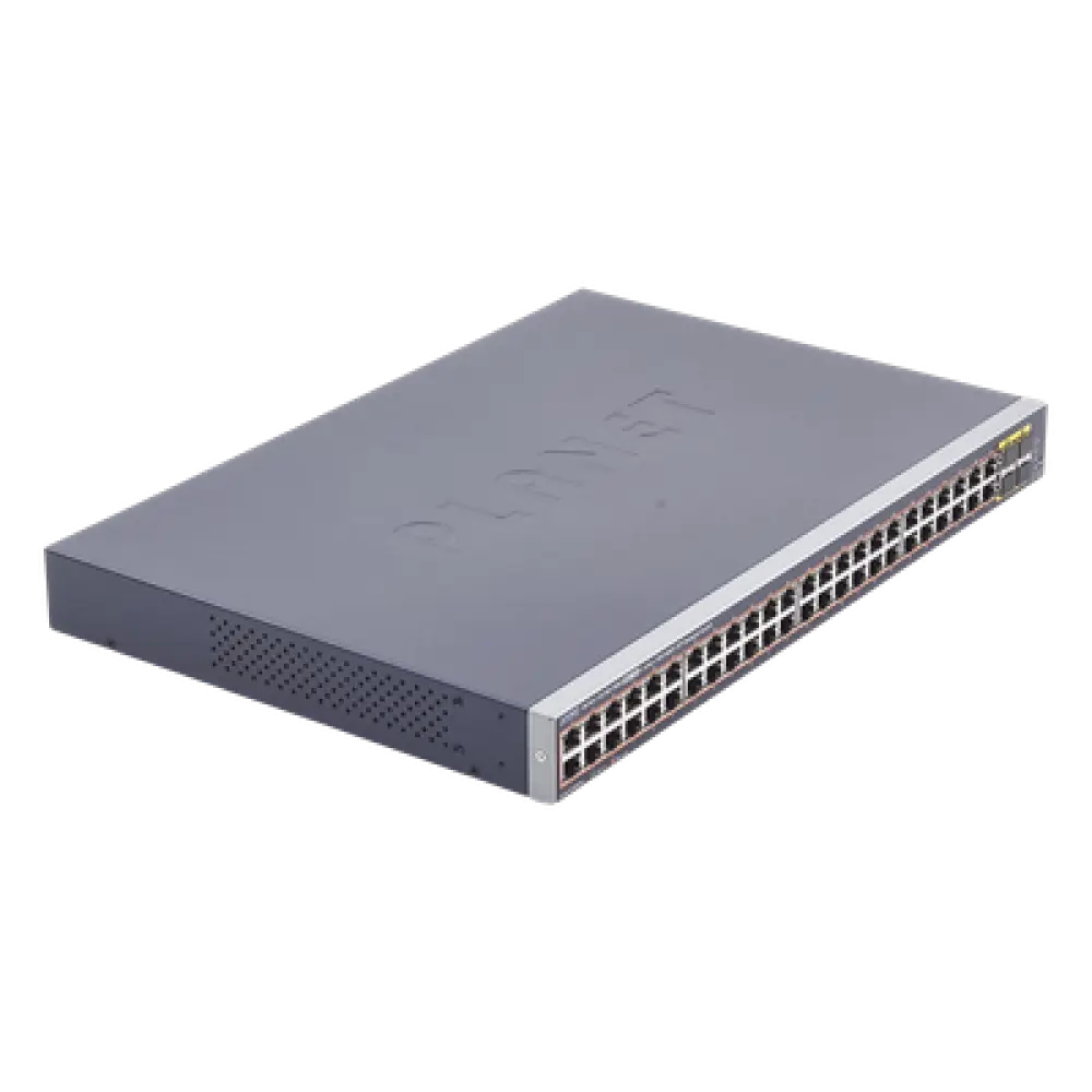 Switch Administrable PoE / 48 Puertos Gigabit RJ45 / 4 Puertos SFP / 440W PoE / 104 Gbps / 1.44 ft (0.44 m) Profundidad