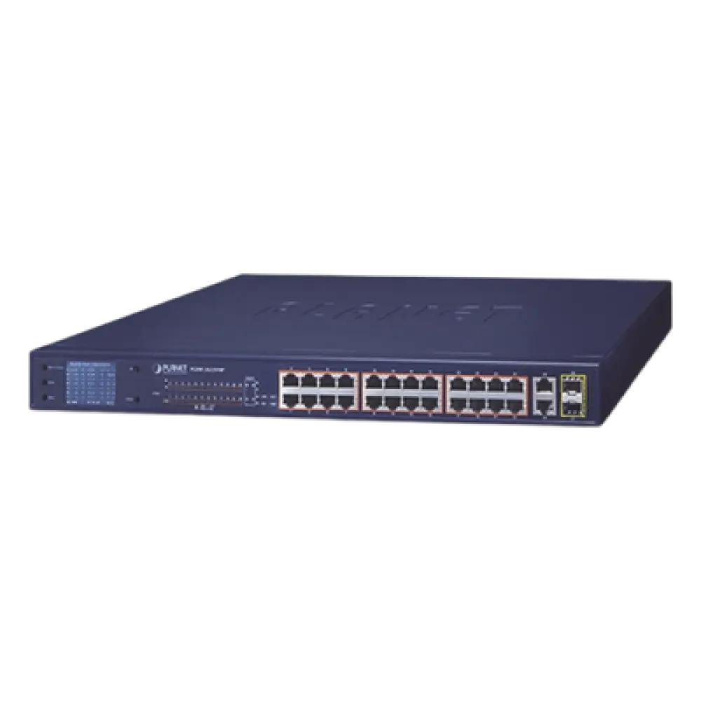 Switch PoE No Administrable / 24 Puertos 10/100 Mbps / 2 Puertos Combo Gigabit TP/SFP / PoE 802.3af/at 300 W / Alcance Extendido 250 m (820.2 ft) / Pantalla LCD