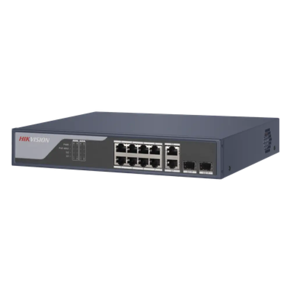 Switch PoE+ / Administrable / Uso en Rack / 8 Puertos 10/100 PoE+ /  2 Puertos 1000 Mbps Uplink  / 2 Puertos SFP / Configuración Nube desde Hik-PartnerPro / Modo Extendido hasta 300 Metros / 125 W