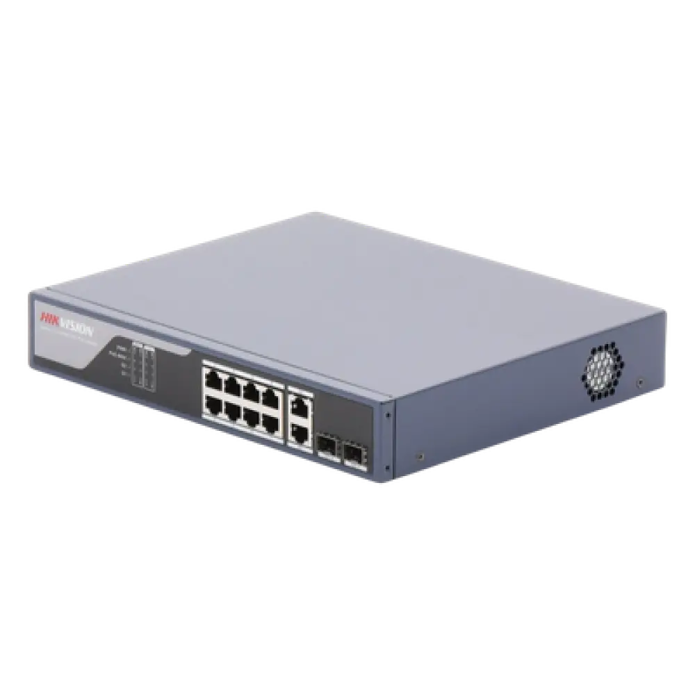 Switch PoE+ / Administrable / Uso en Rack / 8 Puertos 10/100 PoE+ /  2 Puertos 1000 Mbps Uplink  / 2 Puertos SFP / Configuración Nube desde Hik-PartnerPro / Modo Extendido hasta 300 Metros / 125 W
