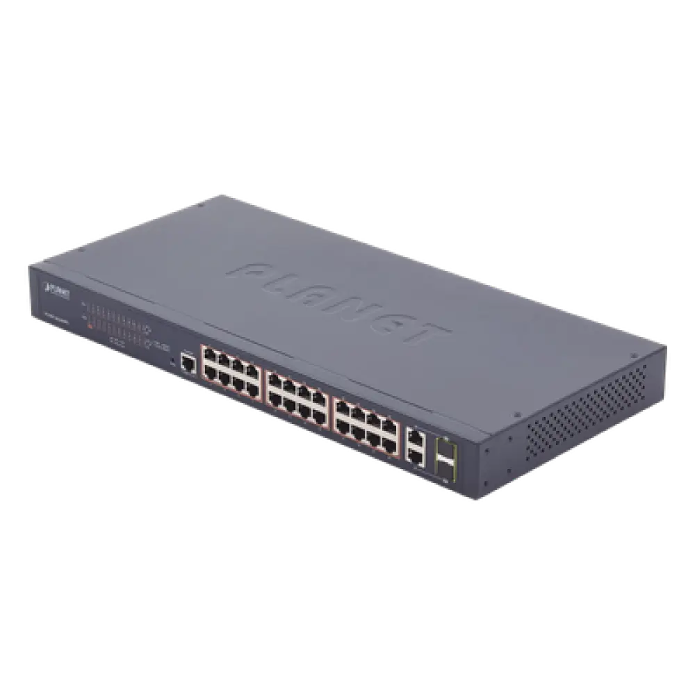 Switch administrable PoE+ / 24 puertos 10/100TX / 2 puertos combo Gigabit TP/SFP / 220W / 6,54 Mpps / 0-50°C / 1,44 x 0,98 x 0,15 pies