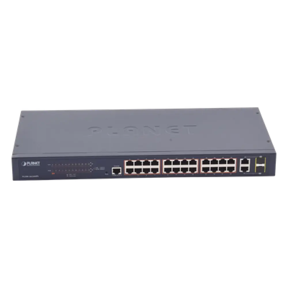 Switch administrable PoE+ / 24 puertos 10/100TX / 2 puertos combo Gigabit TP/SFP / 220W / 6,54 Mpps / 0-50°C / 1,44 x 0,98 x 0,15 pies