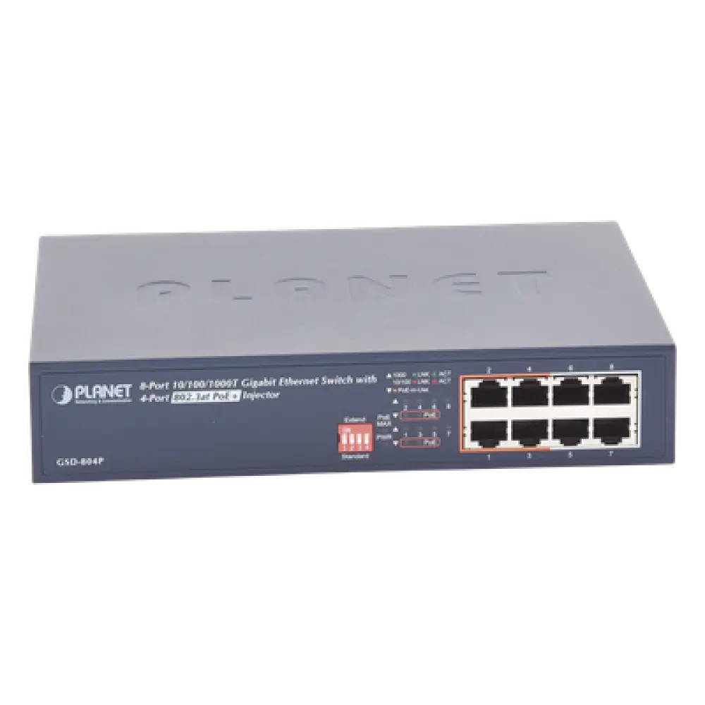 Switch PoE no Administrable, 8 Puertos 10/100/1000 Mbps con 4 Puertos PoE 802.3af/at, Modo Extender Hasta 250 mts