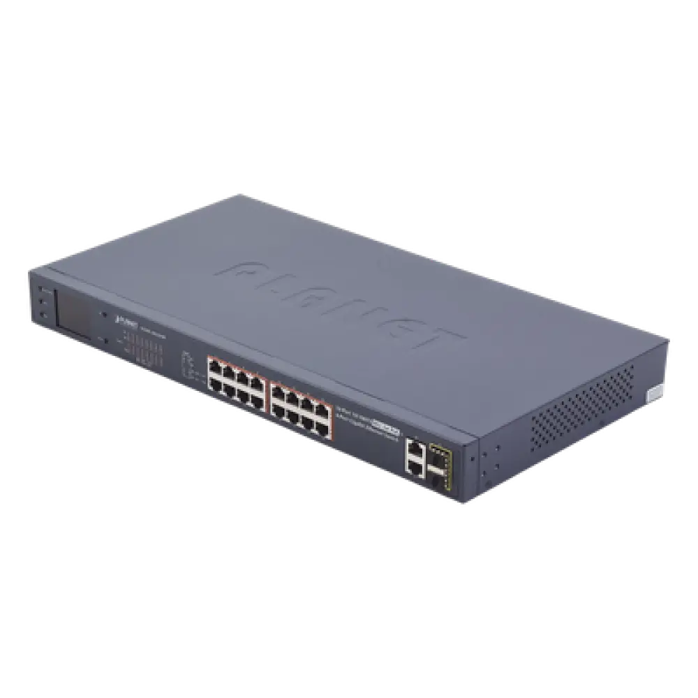 Switch PoE+ / 16 Puertos 10/100 Mbps / 2 Gigabit Combo TP/SFP / 300W / LCD y VLAN Extended / ±4kV