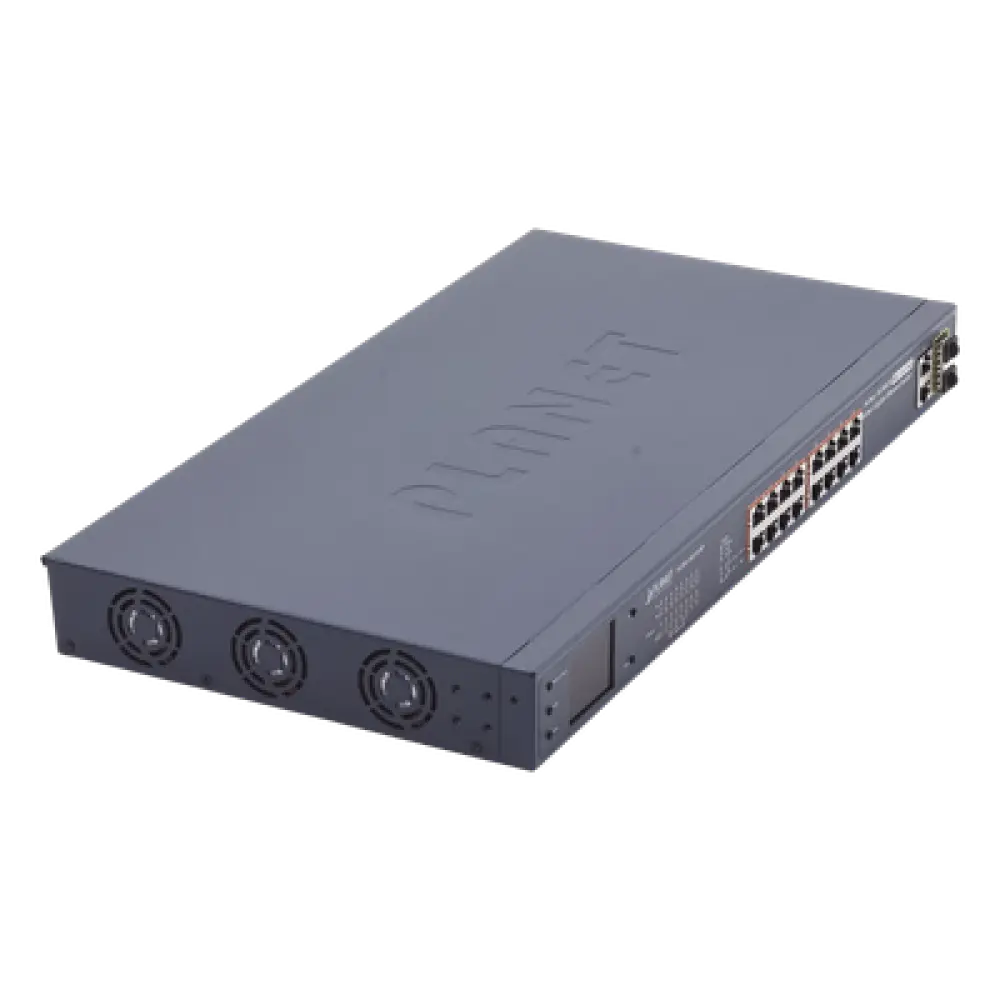 Switch PoE+ / 16 Puertos 10/100 Mbps / 2 Gigabit Combo TP/SFP / 300W / LCD y VLAN Extended / ±4kV