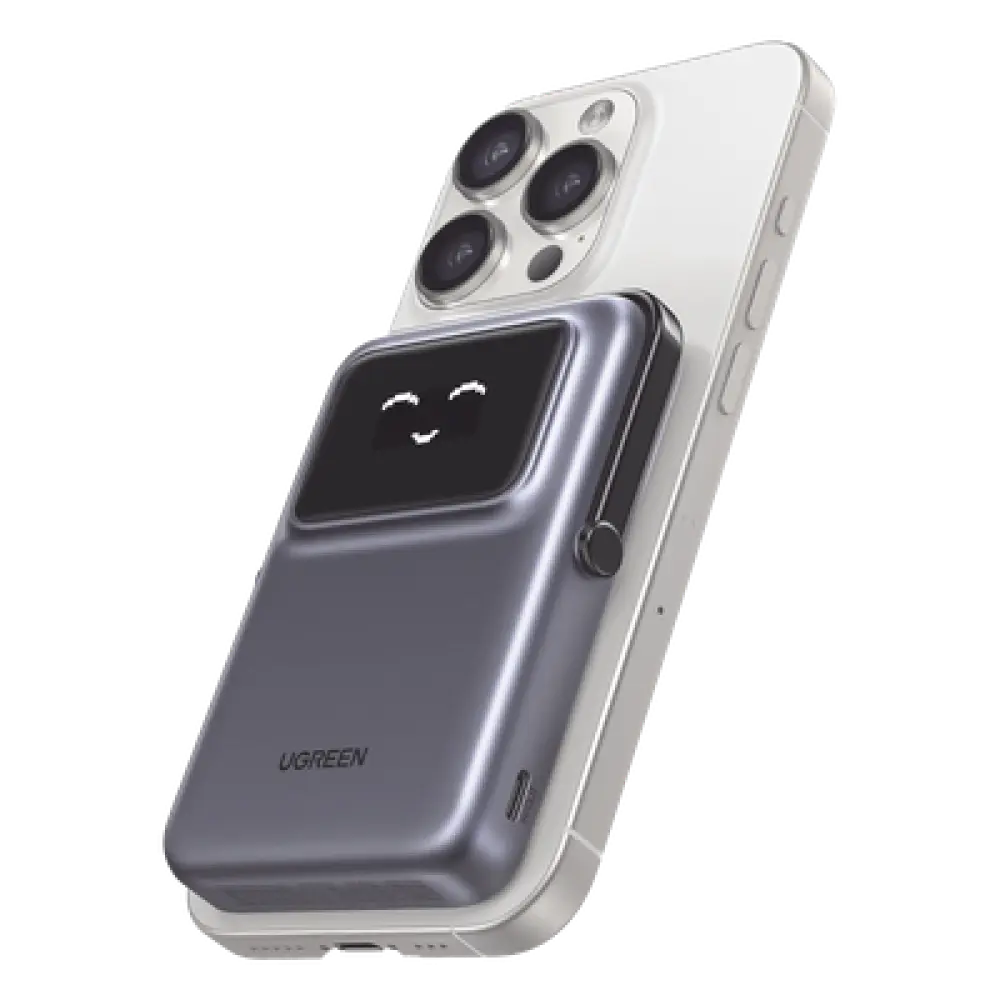 Power Bank Inalámbrico / 10000 mAh / Carga Inalámbrica 7.5W / USB-C 20W / Pantalla TFT con Emojis / Soporte Plegable / Succión Magnética 10N