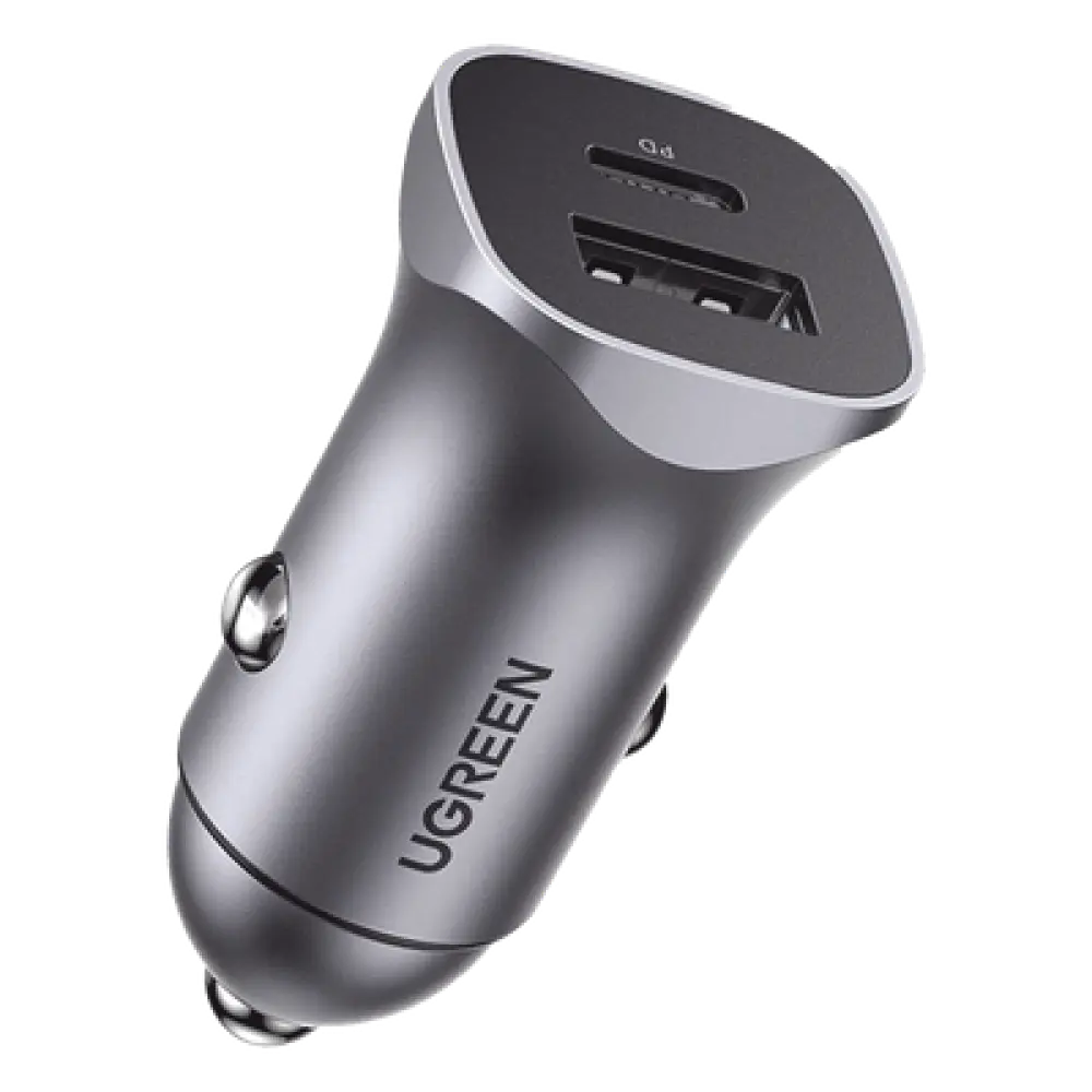 Cargador Vehicular / 30W / Puertos USB-C PD 3.0 y USB-A QC 3.0 / Entrada 12-24V / Aluminio / Protección Integral