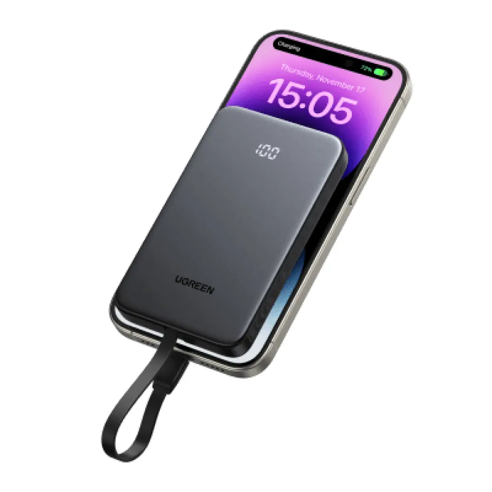 Power Bank / 10000 mAh / 37 Wh / Salida USB-C PD 20W / Salida USB-A SCP 22.5W / Cable USB-C Integrado / Indicador Digital LED