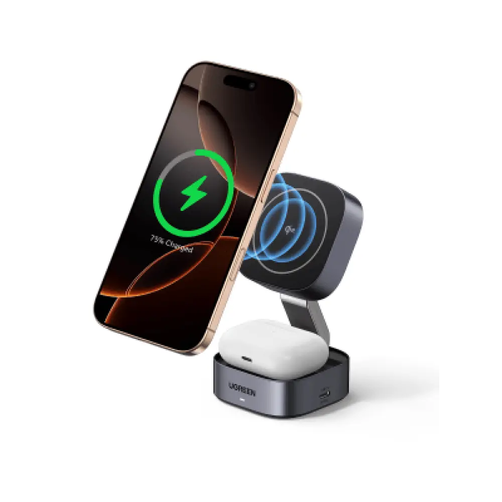 Cargador Inalámbrico 2 en 1 / Qi 2 15W / Base Auriculares 5W / Salida USB-C 5W / Potencia Total 25W / Protección Múltiple