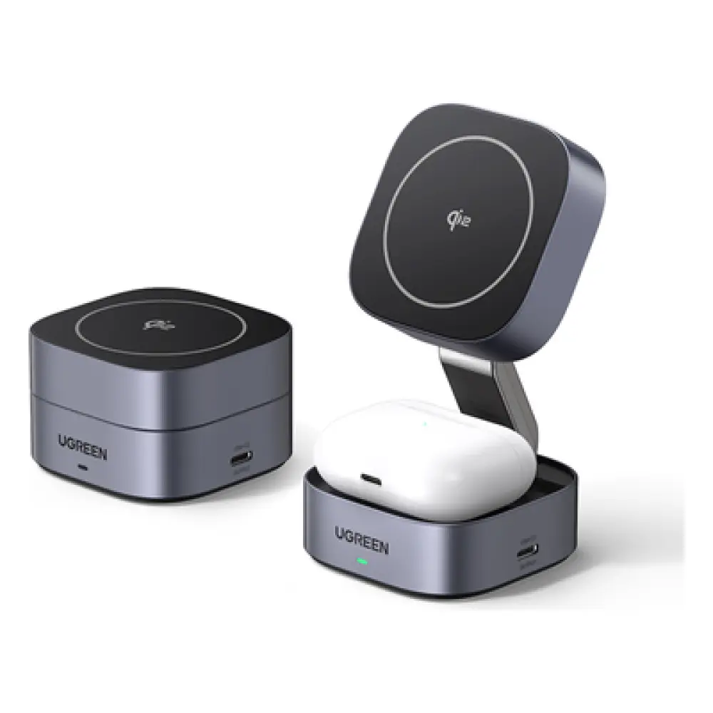 Cargador Inalámbrico 2 en 1 / Qi 2 15W / Base Auriculares 5W / Salida USB-C 5W / Potencia Total 25W / Protección Múltiple