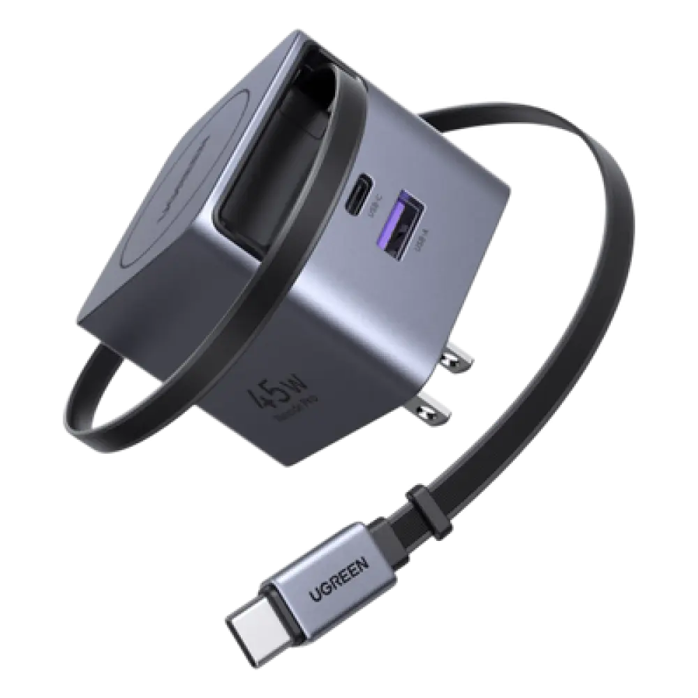 Cargador Rápido / 45W GaN / Cable Retráctil 0.7 m (2.3 ft) / 3 Puertos / Eficiencia 95% / Protección 8 Capas / 100-240V AC