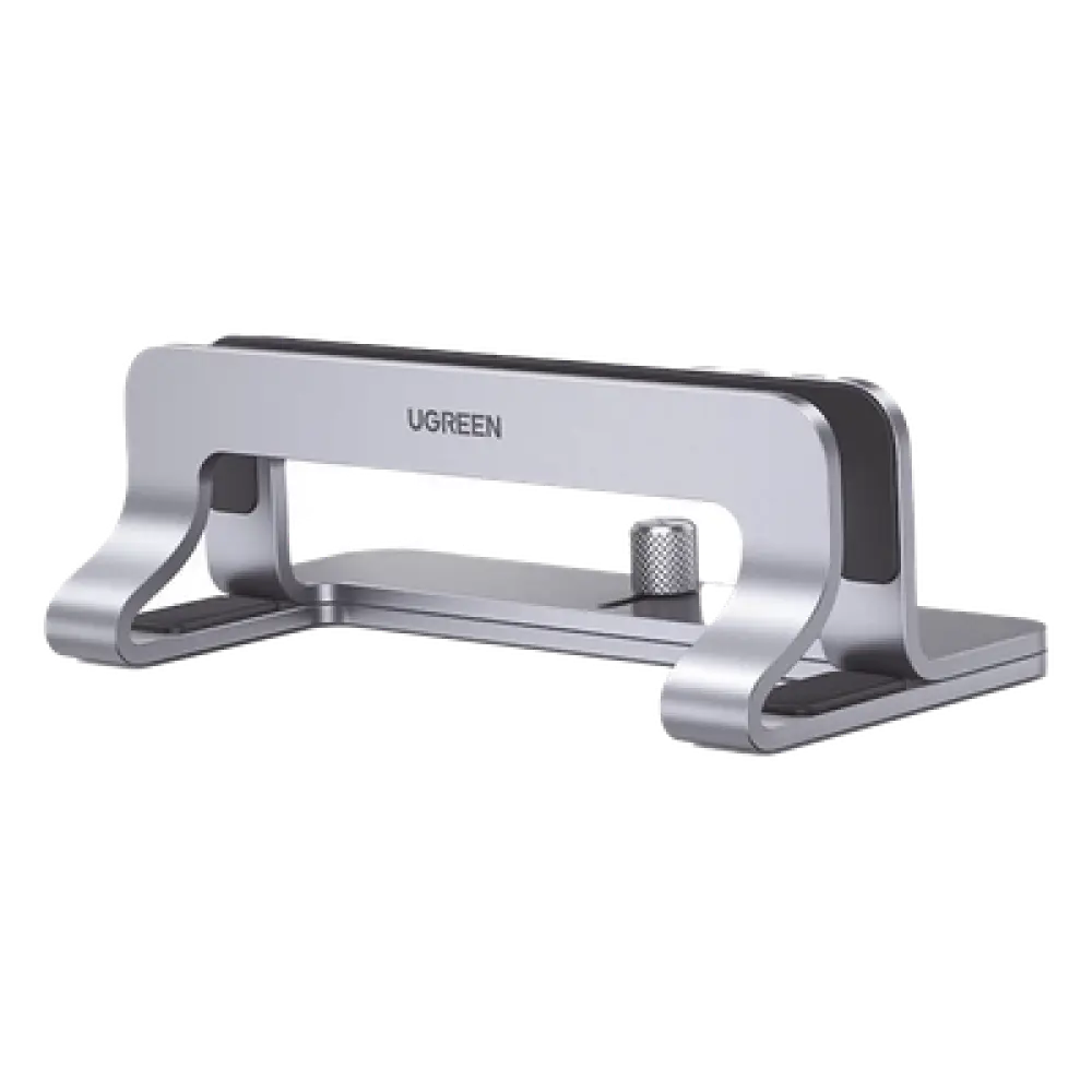 Soporte Vertical para Laptop / Ajustable 12-26 mm / Aluminio y Silicona / Hasta 15.6 pulgadas / Base Antideslizante / Color Plata
