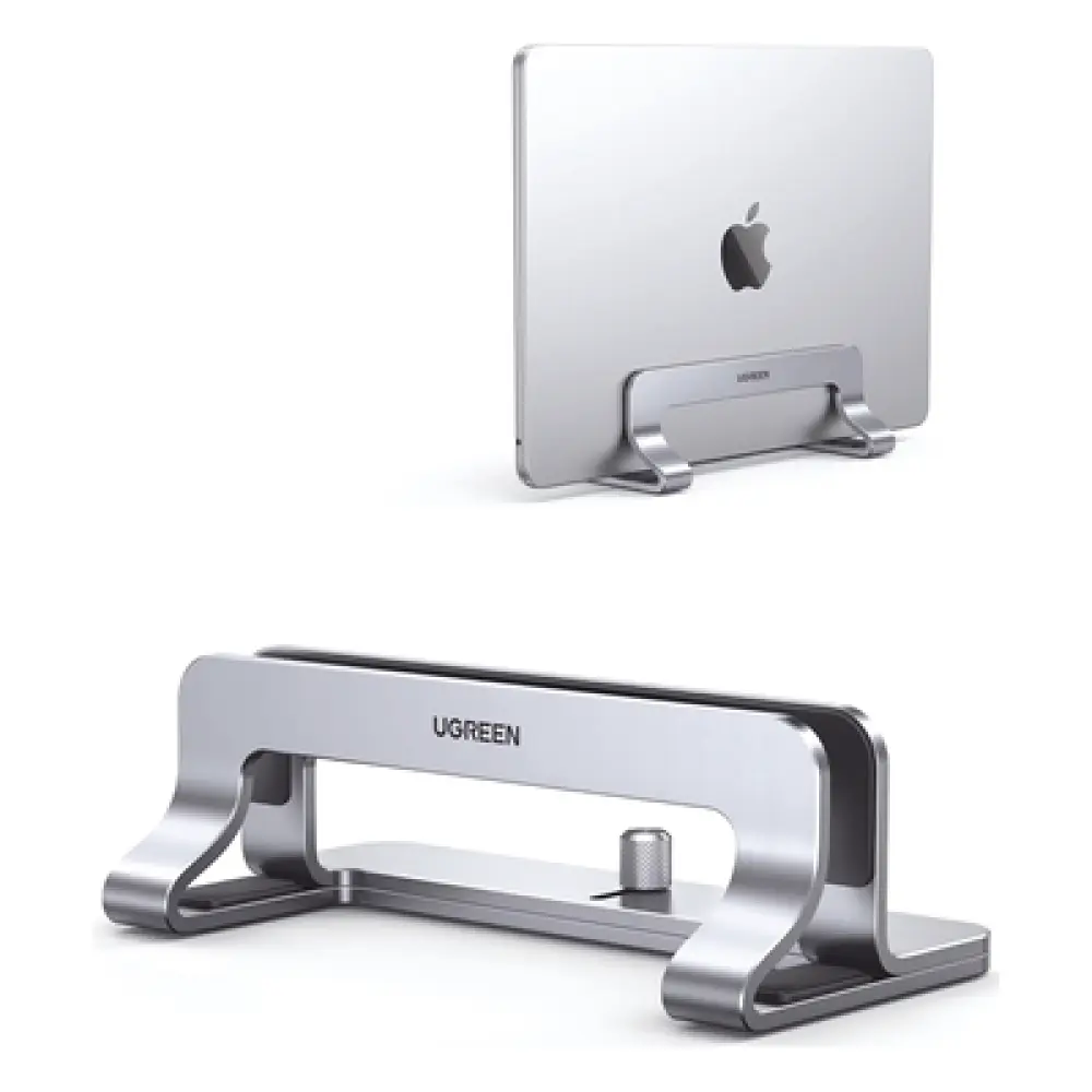 Soporte Vertical para Laptop / Ajustable 12-26 mm / Aluminio y Silicona / Hasta 15.6 pulgadas / Base Antideslizante / Color Plata