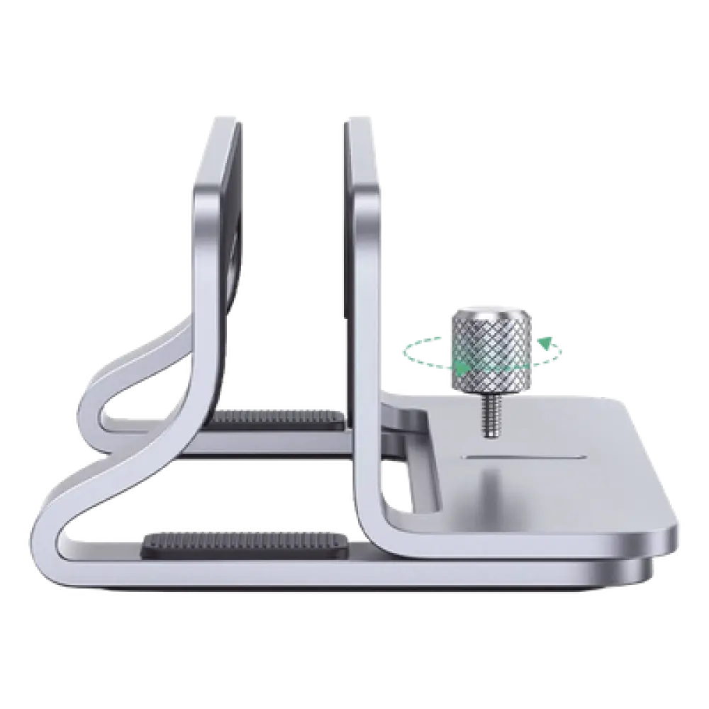 Soporte Vertical para Laptop / Ajustable 12-26 mm / Aluminio y Silicona / Hasta 15.6 pulgadas / Base Antideslizante / Color Plata