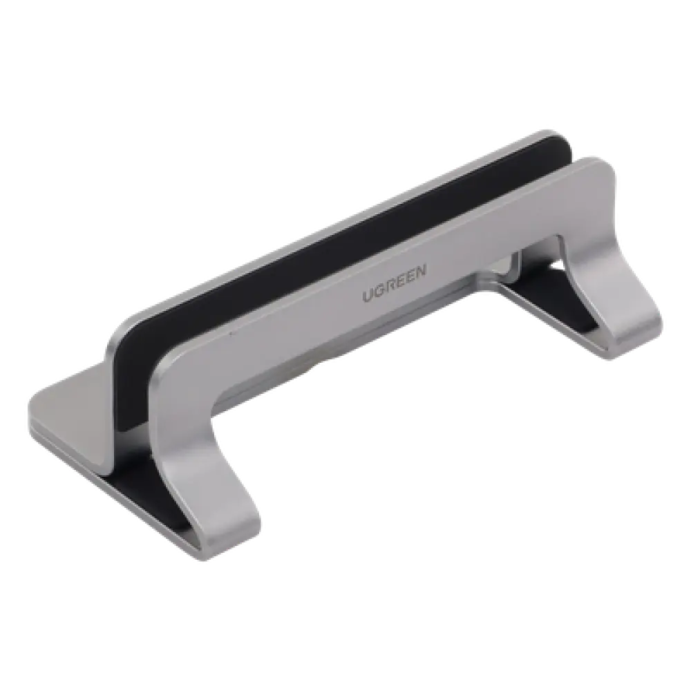 Soporte Vertical para Laptop / Ajustable 12-26 mm / Aluminio y Silicona / Hasta 15.6 pulgadas / Base Antideslizante / Color Plata