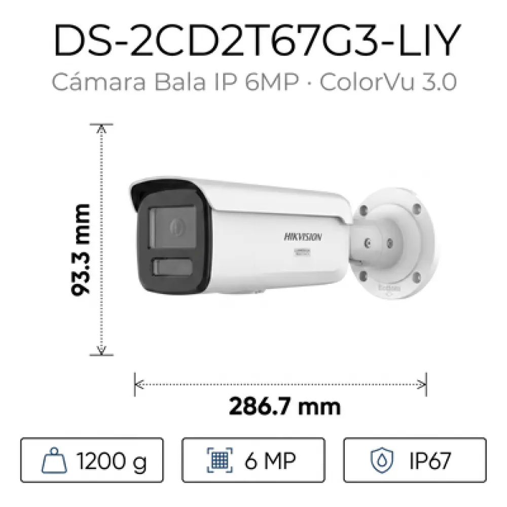 Bala IP / 6 Megapixel / Lente 4 mm / 60 m (197 ft) IR + Luz Blanca / Exterior IP67 / WDR 130 dB / AcuSense 3.0 / Metal / NEMA 4X / AcuSeek