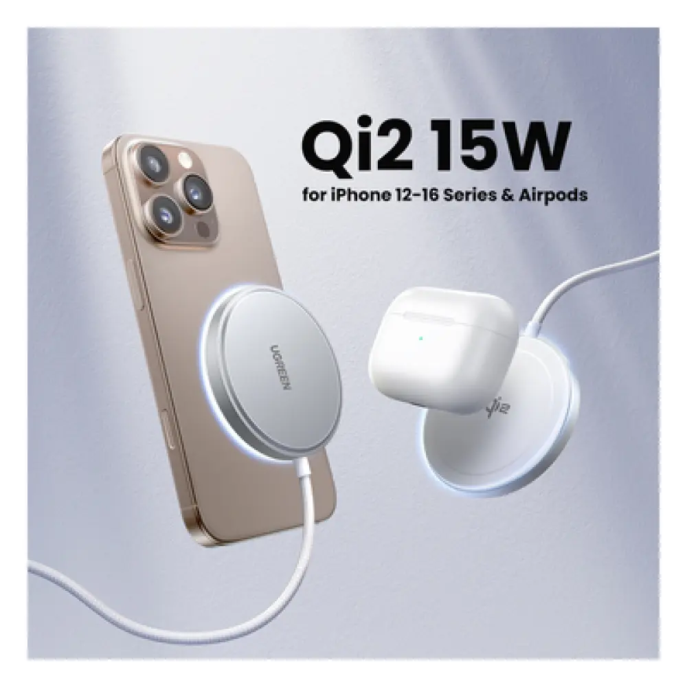 Cargador Inalámbrico Magnético / 15W / Qi 2 Certificado / USB-C 9V 2.2A / Eficiencia 83% / Cable 1.5 m (4.9 ft) / Material PC+ABS+Aluminio
