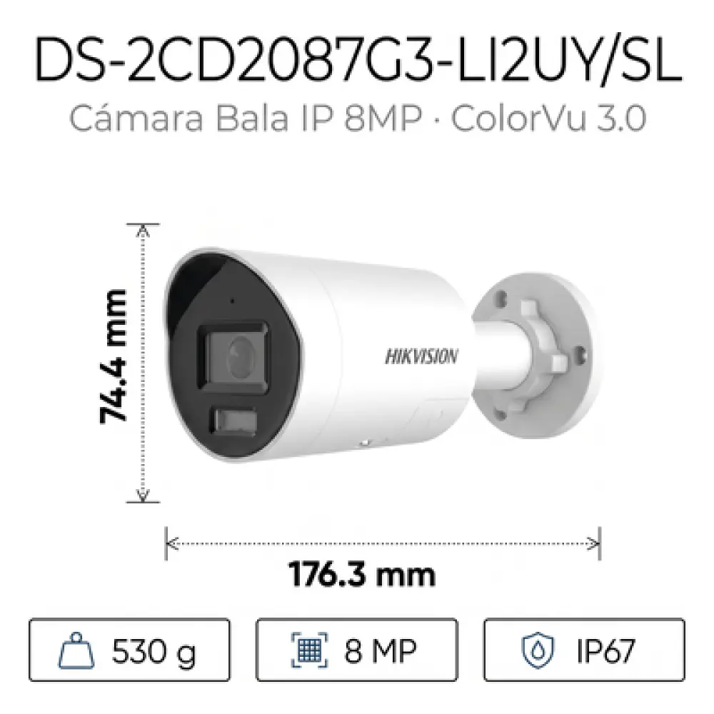 Bala IP / 8 Megapixel / Lente 2.8 mm / 40 m IR + Luz Blanca / 131 ft / Audio 2 Vías / IP67 NEMA 4X / WDR 130 dB / ColorVu 3.0 / AcuSense 3.0