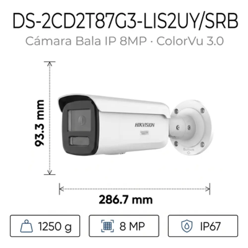 Bala IP 8 Megapixel / Lente 4 mm / 60 mts IR + Luz Blanca / Exterior IP67 / Estrobo Azul y Rojo / WDR 130 dB / ACUSENSE 3.0 / Metal / NEMA 4X / ACUSEEK